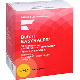 Abbildung: Bufori Easyhaler 80µg / 4,5µg / Dosis 3x120 ED 3 St, Inhalationspulver PZN 12484150
