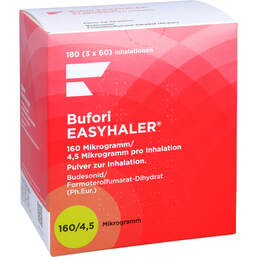 Abbildung: Bufori Easyhaler 160µg / 4,5µg / Dosis 3x60 ED 3 St, Inhalationspulver PZN 12484196
