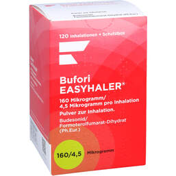 Abbildung: Bufori Easyhaler 160µg / 4,5µg / Dosis 120 ED + Schutzb. 1 St, Inhalationspulver PZN 12484210