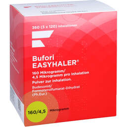 Abbildung: Bufori Easyhaler 160µg / 4,5µg / Dosis 3x120 ED 3 St, Inhalationspulver PZN 12484227