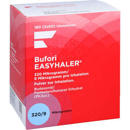 Abbildung: Bufori Easyhaler 320µg / 9µg / Dosis 3x60 ED 3 St, Inhalationspulver PZN 12484279