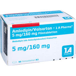 Abbildung: Amlodipin / Valsartan-1A Pharma 5mg / 160mg Filmtabletten  98 St, Filmtabletten PZN 12488969