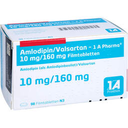 Abbildung: Amlodipin / Valsartan-1A Pharma 10mg / 160mg Filmtabletten  98 St, Filmtabletten PZN 12488981