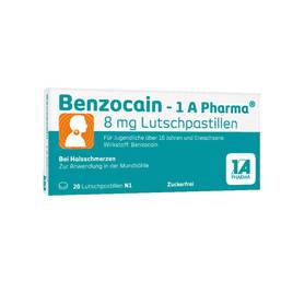 Abbildung: Benzocain 1A Pharma 8 mg Lutschpastillen Lutschpastillen, 20 St PZN 12527043