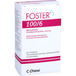Abbildung: Foster 100 / 6 µg 120 Hub Dosieraerosol 2 St, Dosieraerosol PZN 12535143