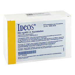 Abbildung: Ideos 500 mg / 400 I.E. Kautabletten 90 St, Kautabletten PZN 12539299