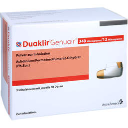 Abbildung: Duaklir Genuair 340 µg / 12 µg Pulver zur Inhalation 60ED 3 St, Inhalationspulver PZN 12543160