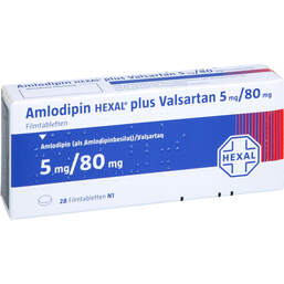 Abbildung: Amlodipin Hexal plus Valsartan 5mg / 80mg Filmtabletten  28 St, Filmtabletten PZN 12550711