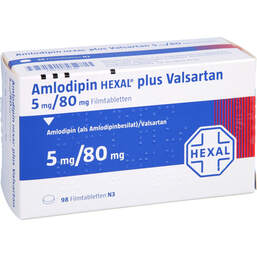 Abbildung: Amlodipin Hexal plus Valsartan 5mg / 80mg Filmtabletten  98 St, Filmtabletten PZN 12550734