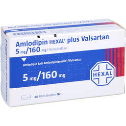 Abbildung: Amlodipin Hexal plus Valsartan 5mg / 160mg Filmtabletten  56 St, Filmtabletten PZN 12550763
