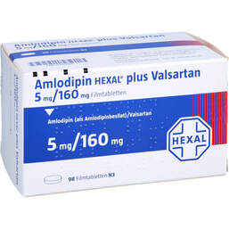 Abbildung: Amlodipin Hexal plus Valsartan 5mg / 160mg Filmtabletten  98 St, Filmtabletten PZN 12550786