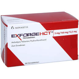 Abbildung: Exforge HCT 5 mg / 160 mg / 12,5 mg Filmtabletten 98 St, Filmtabletten PZN 12555950