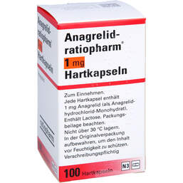 Abbildung: Anagrelid ratiopharm 1 mg Hartkapseln 100 St, Hartkapseln PZN 12557570