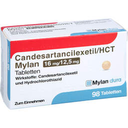 Abbildung: Candesartancilexetil / HCT Mylan 16 mg / 12,5 mg Tabletten  98 St, Tabletten PZN 12557759