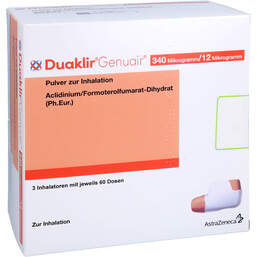 Abbildung: Duaklir Genuair 340 µg / 12 µg Pulver zur Inhalation 60ED 3 St, Inhalationspulver PZN 12559250