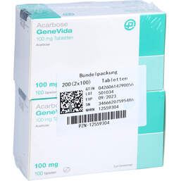 Abbildung: Acarbose Genevida 100 mg Tabletten 200 St, Tabletten PZN 12559304