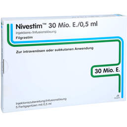 Abbildung: Nivestim 30 Mio.E / 0,5ml Injektion / Infusionslösung in einer Fertigsp. 5 St, Injektions-/Infusionslösung PZN 12566959