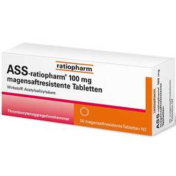 Abbildung: ASS ratiopharm 100 mg magensaftresistent Tabletten Tabletten magensaftresistent, 50 St PZN 12587482