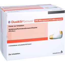 Abbildung: Duaklir Genuair 340 µg / 12 µg Pulver zur Inhalation 60ED 3 St, Inhalationspulver PZN 12595688