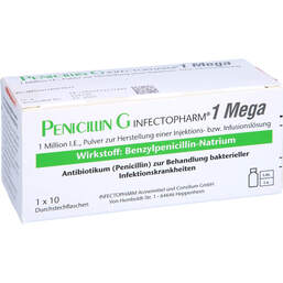 Abbildung: Penicillin G Infectopharm 1 Mega P.z.H.e.IIL Durchstechflasche  10 St, Pulver zur Herstellung einer Injektions- oder Infusionslsg. PZN 12602767