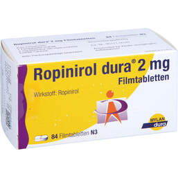 Abbildung: Ropinirol dura 2 mg Filmtabletten 84 St, Filmtabletten PZN 12635494