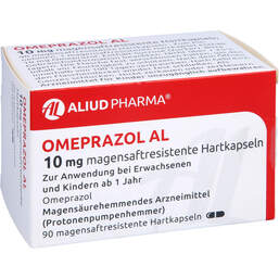 Abbildung: Omeprazol AL 10 mg magensaftresistente Hartkapseln 90 St, Magensaftresistente Hartkapseln PZN 12644607