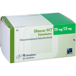 Abbildung: Olmecor HCT 20 mg / 25 mg Filmtabletten 98 St, Filmtabletten PZN 12648195