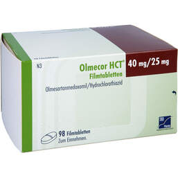Abbildung: Olmecor HCT 40 mg / 25 mg Filmtabletten 98 St, Filmtabletten PZN 12648261