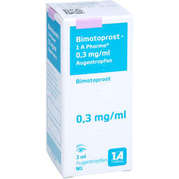 Abbildung: Bimatoprost 1A Pharma 0,3 mg / ml Augentropfen 1X3 ml, Augentropfen PZN 12653380