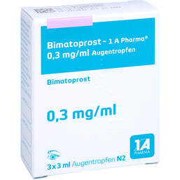 Abbildung: Bimatoprost 1A Pharma 0,3 mg / ml Augentropfen 3X3 ml, Augentropfen PZN 12654008