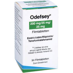 Abbildung: Odefsey 200 mg / 25 mg / 25 mg Filmtabletten 30 St, Filmtabletten PZN 12659572
