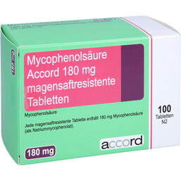 Abbildung: Mycophenolsäure Accord 180 mg magensaftresistent Tabletten 100 St, Tabletten magensaftresistent PZN 12671745