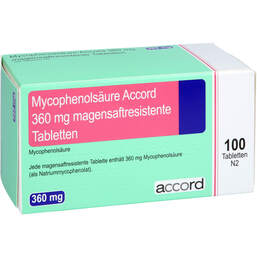 Abbildung: Mycophenolsäure Accord 360 mg magensaftresistent Tabletten 100 St, Tabletten magensaftresistent PZN 12671774