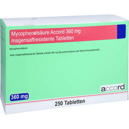 Abbildung: Mycophenolsäure Accord 360 mg magensaftresistent Tabletten 5X50 St, Tabletten magensaftresistent PZN 12671780