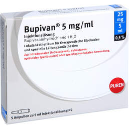 Abbildung: Bupivan 0,5% 5 mg / ml Injektionslösung 25mg / 5ml Glasampulle  5X5 ml, Injektionslösung PZN 12675950