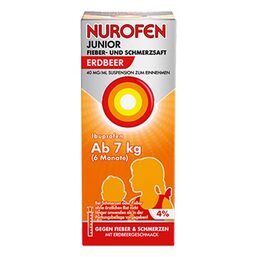 Abbildung: Nurofen Junior Fieber-u.Schmerzsaft Erdbe.40 mg / ml Suspension zum Einnehmen, 150 ml PZN 12741888