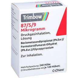 Abbildung: Trimbow 87 / 5 / 9 Mikrogramm 120 Hub Dosieraerosol 2 St, Dosieraerosol PZN 12777366