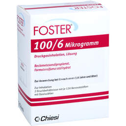 Abbildung: Foster 100 / 6 µg 120 Hub Dosieraerosol 2 St, Dosieraerosol PZN 12902328