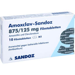Abbildung: Amoxclav Sandoz 875 / 125 mg Filmtabletten 10 St, Filmtabletten PZN 12906912