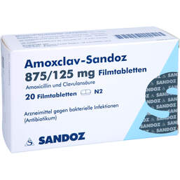 Abbildung: Amoxclav Sandoz 875 / 125 mg Filmtabletten 20 St, Filmtabletten PZN 12906929
