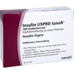 Abbildung: Insulin Lispro Sanofi 100 E / ml Injektionslösung Patrone 10X3 ml, Injektionslösung PZN 12910612