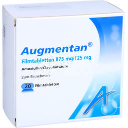 Abbildung: Augmentan 875 / 125 mg Filmtabletten 20 St, Filmtabletten PZN 13059822