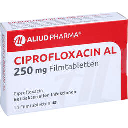Abbildung: Ciprofloxacin AL 250 mg Filmtabletten 14 St, Filmtabletten PZN 13156465