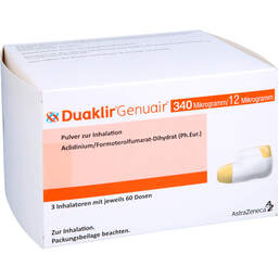 Abbildung: Duaklir Genuair 340 µg / 12 µg Pulver zur Inhalation 60ED 3 St, Inhalationspulver PZN 13166162