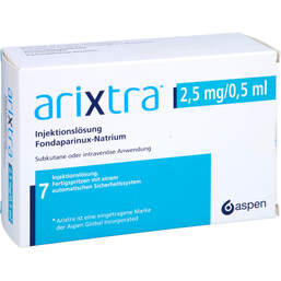 Abbildung: Arixtra 2,5 mg / 0,5 ml Injektionslösung in einer Fertigspritze 7X0.5 ml, Injektionslösung PZN 13229419