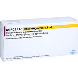 Abbildung: Mircera 50 Mikrogramm / 0,3 ml Injektionslösung i.e.Fert.-S. 3 St, Fertigspritzen PZN 13235408