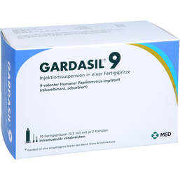 Abbildung: Gardasil 9 Injektionssuspension in einer Fertigspritze 10 St, Fertigspritzen PZN 13246582