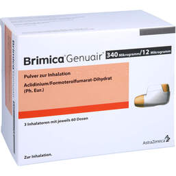 Abbildung: Brimica Genuair 340 µg / 12 µg Pulver zur Inhalation 60ED 3 St, Inhalationspulver PZN 13330288
