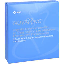Abbildung: Nuvaring vag.Freisetz.Sy.0,120 / 0,015mg / 24h mit Appl. 3 St, Vaginalring PZN 13331649