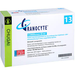 Abbildung: Granocyte 13 5 Tr.Subst. + 5 wasservorgef.Fertigspritze  5 St, Pulver u Lösungsm. z. Herst. e.Injektions- bzw. Infusionsl. PZN 13333855